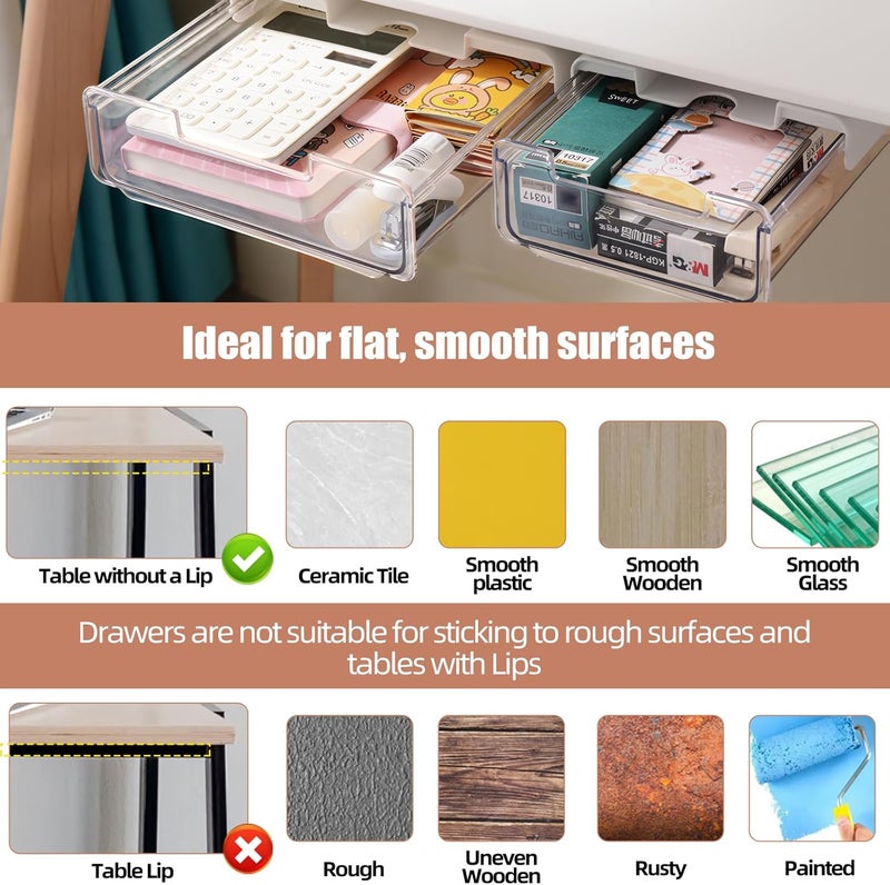 TooCust 2 Pack Under Desk Storage Drawers Slide Out-Drill-On or Self-Adhesive,Large&Medium Drawer Under Desk Organizer Under Table Drawer for Home Office School Organization and Storage - Image 4